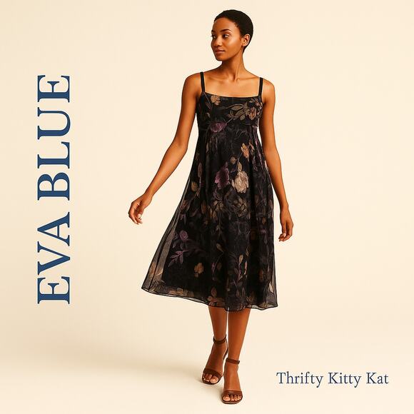 Eva Blue Petite Beaded Floral Midi Dress VTG Boho Whimsygoth Wednesdaycore 10P - Picture 1 of 8